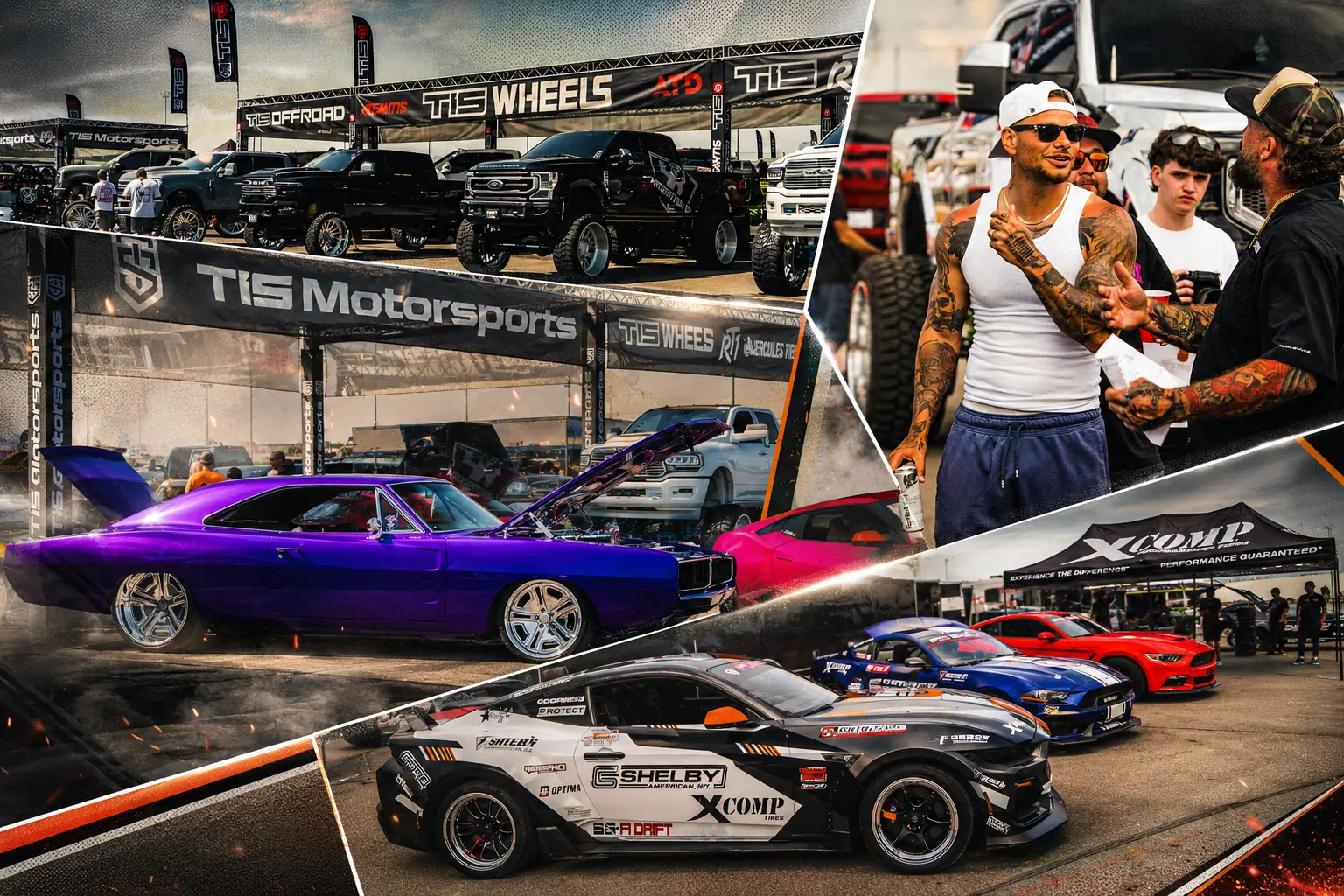 Kane Brown with builders, custom trucks, a purple show car, and drift cars at Miles On It Auto Fest